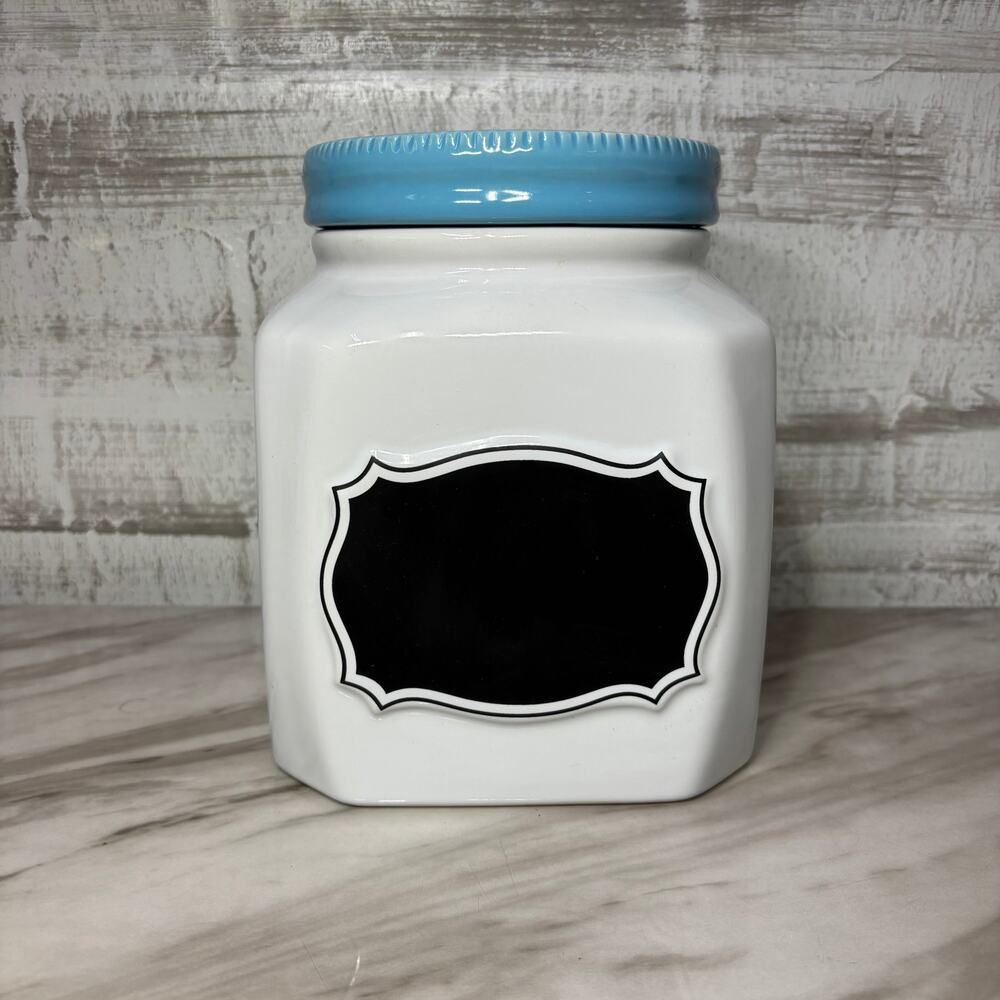Small White Ceramic Canister with Blue Lid and Chalkboard Label